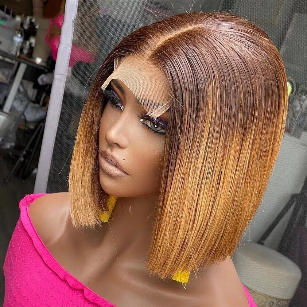 Brown Blonde Straight Bob 4X4 Lace Human Hair Wig for Women Remy Hair