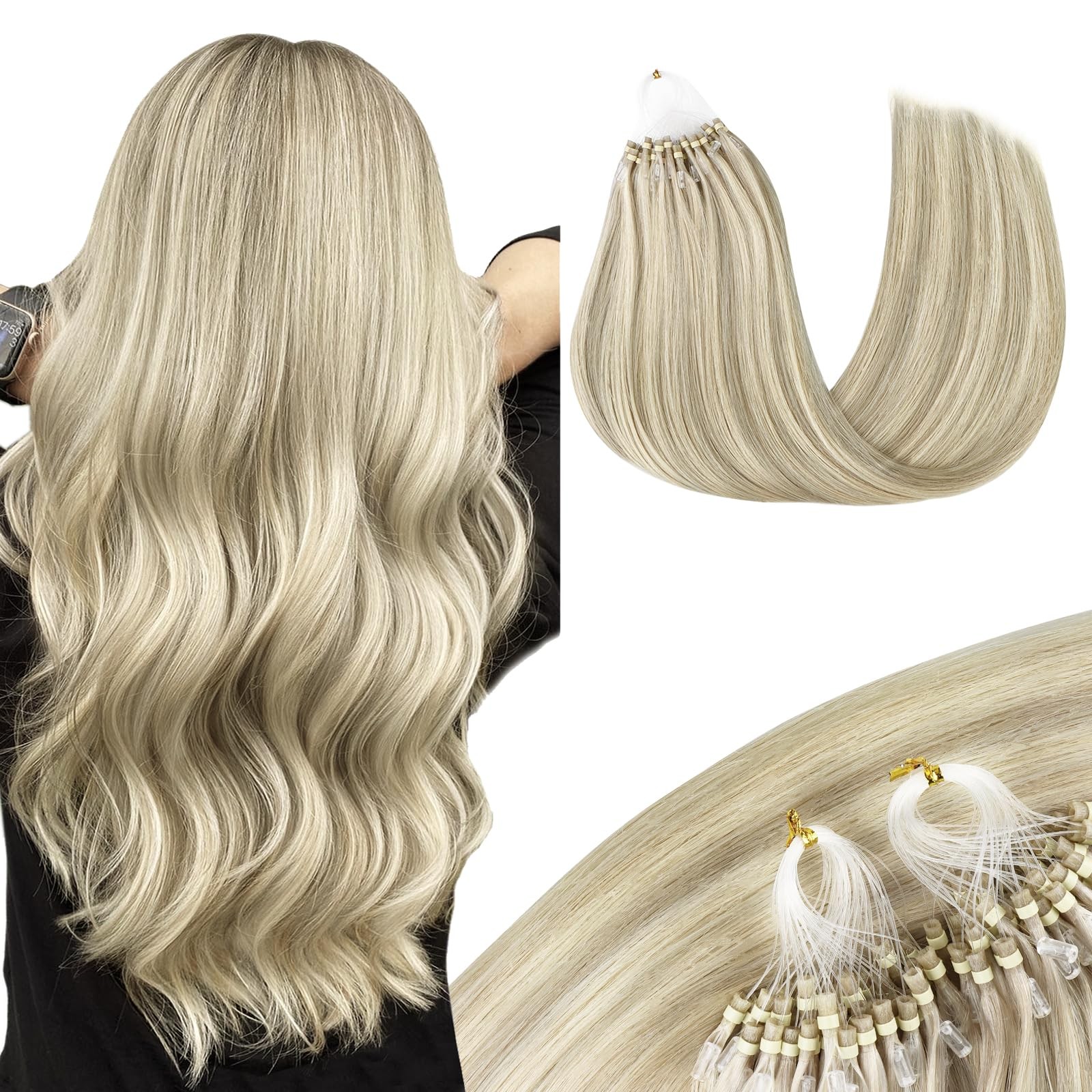 Maxita Microlink Hair Extensions Human Hair Ash Blonde Highlighted Platinum