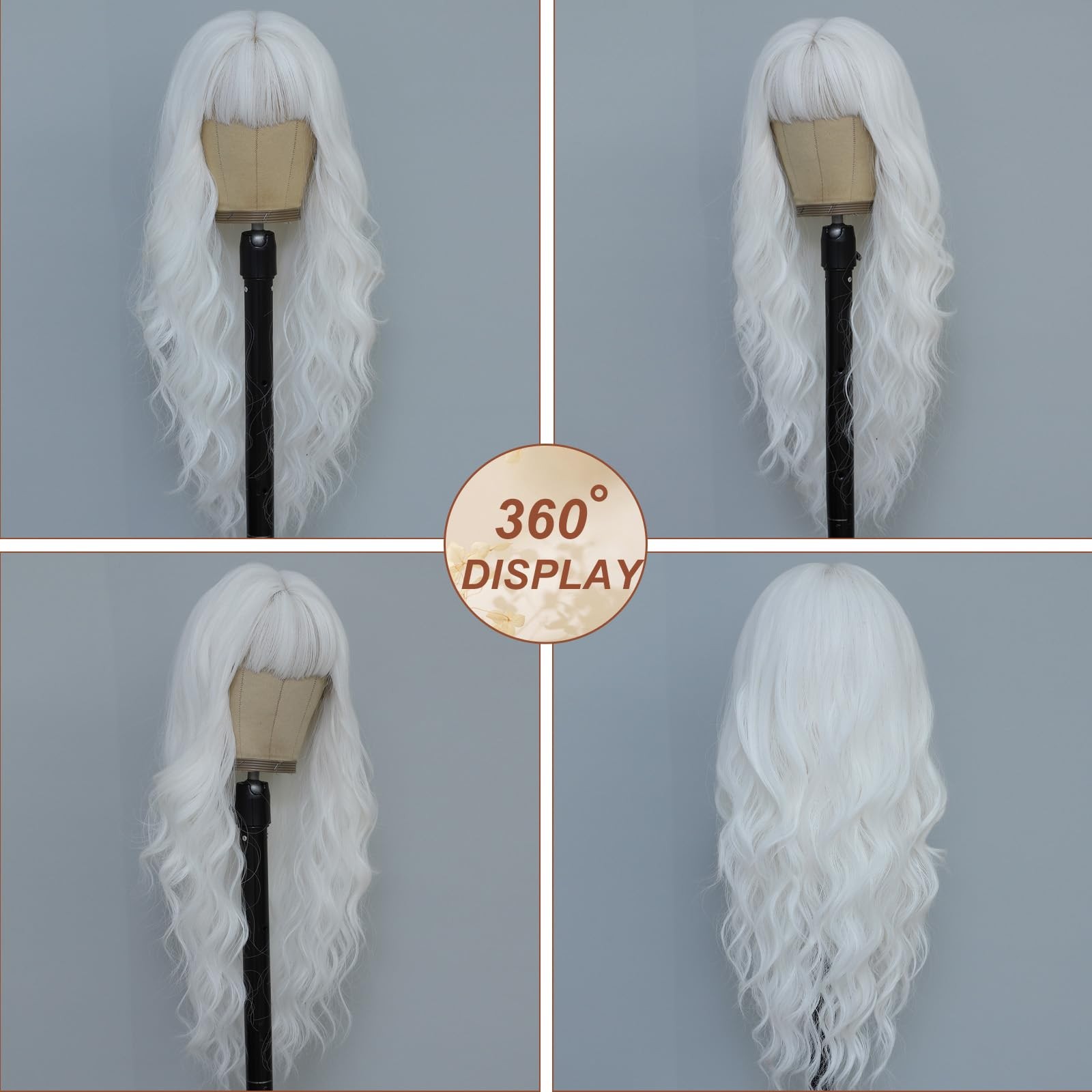 White Wig with Bangs for Women Long White Wavy Wigs 26 Inch Natural Looking H…