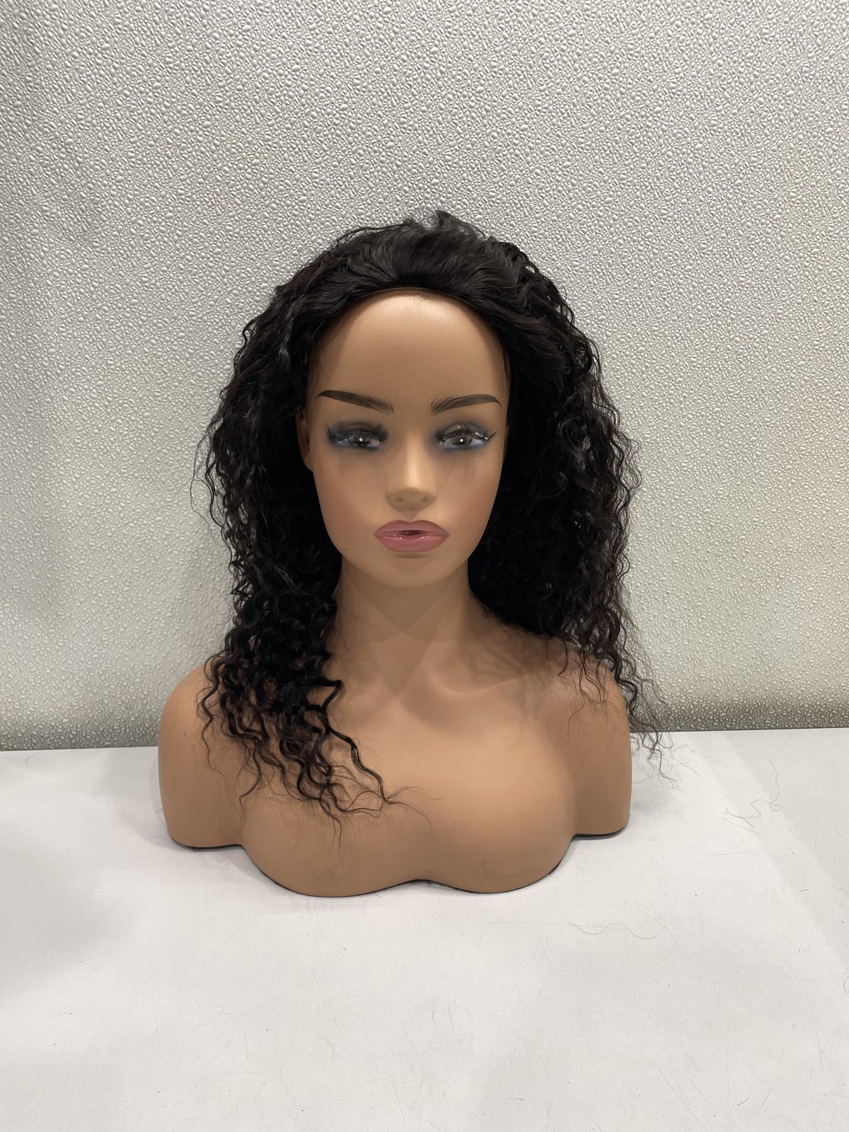 Natural Black Deep Wave Human Hair Blend Glueless Half Wig, 20″