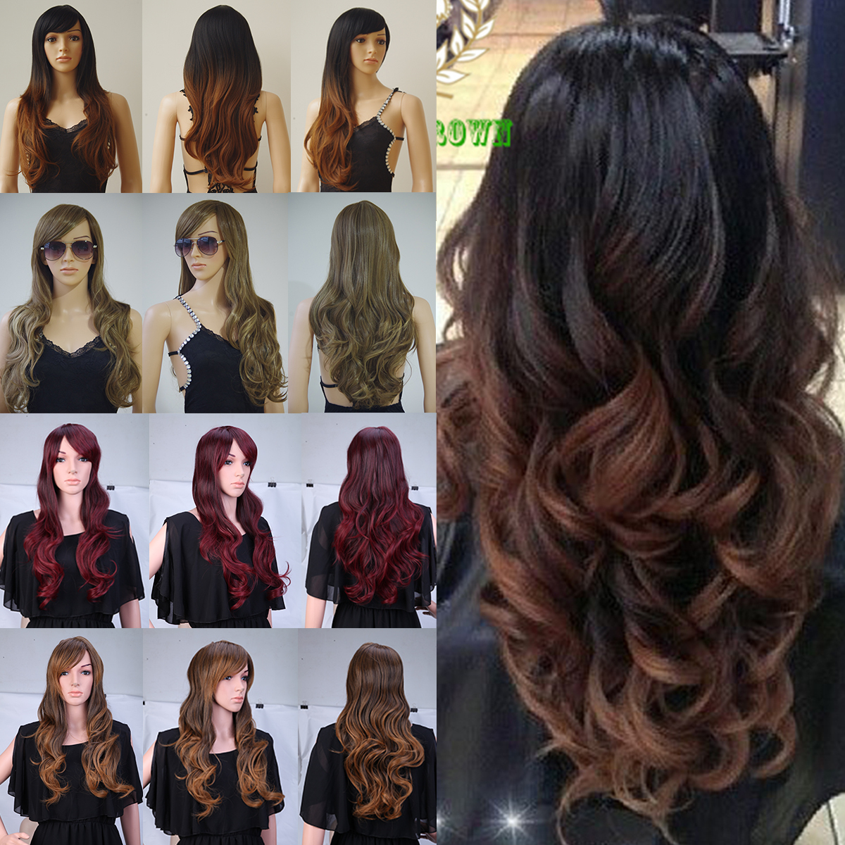 Women Ladies Brown Blonde Wig Long Hair Curly Straight Bangs Full Wigs Glueless