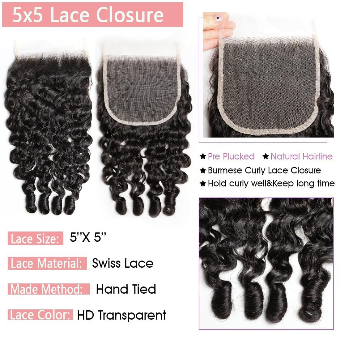 18-22″ Burmese Curly Hair Bundles + 5×5 HD Lace Closure, 12A Virgin Water Wave,