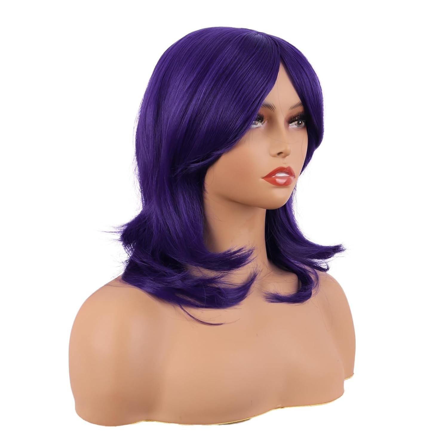 18-Inch Layered Bangs Dark Purple Synthetic Fiber Wig: Heat Resistant Elegance