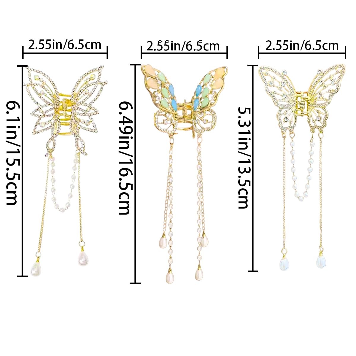 3 Pieces Butterfly Hair Claw Clip Butterfly Tassel Hair Clips Rhinestone Metal E