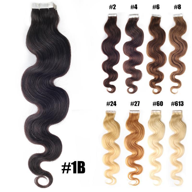 18Inch 40g 45cm Body Wavy & Curly Skin Weft Tape In Remy Human Hair Extensions