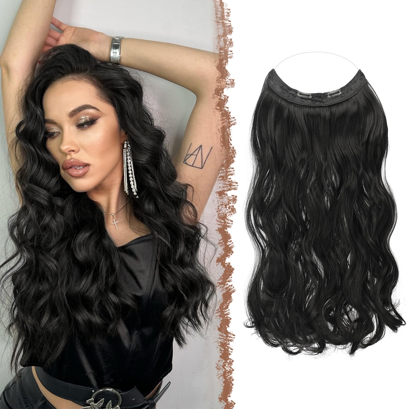 FESHFEN Invisible Wire Hair Extensions 20″ Long Wavy Synthetic Black