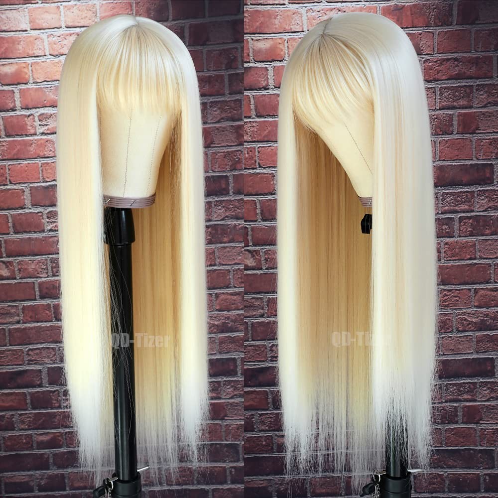 #613 Blonde Long Straight Synthetic Hair Wigs with Bangs Women’s Costume Wig …