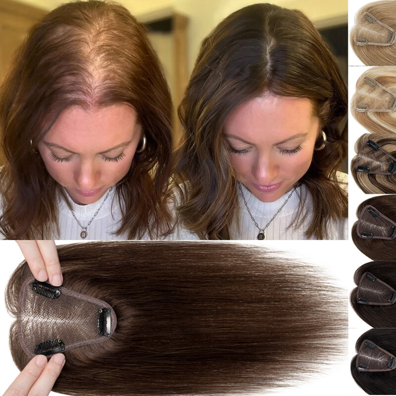 100% Real Human Hair Topper Clip In Hair Piece Toupee Top Wig Full Lace Base US