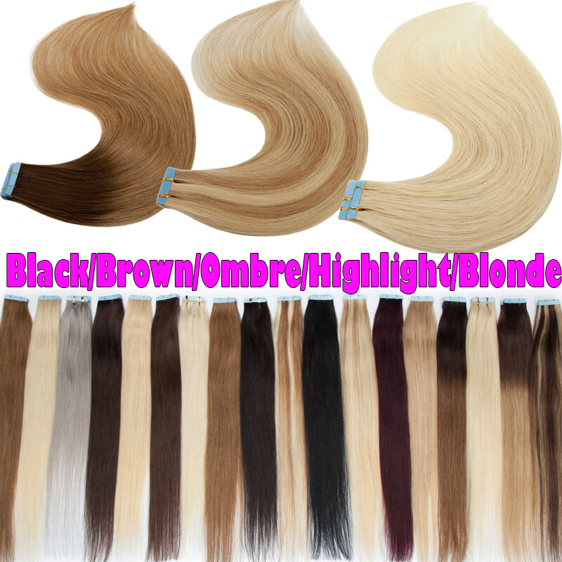 100% Remy Skin Weft Tape Glue in Real Human Hair Extension THICK Full Head Ombre