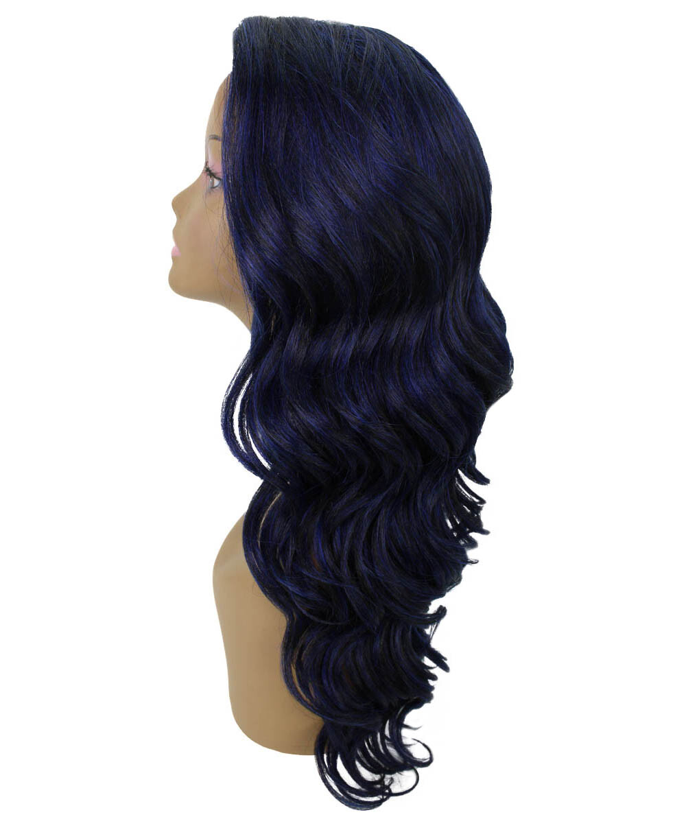 LUXLUXE Lucinda Wavy 23″ Long 4X4 Hand-Tied Lace Front Wig,Blue and Black Blend