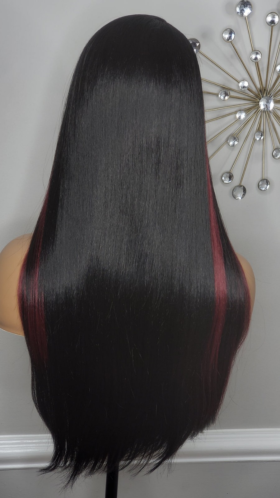New Long Straight Style Burgundy Red Black Highlights Lace Front Wig Womens Hair