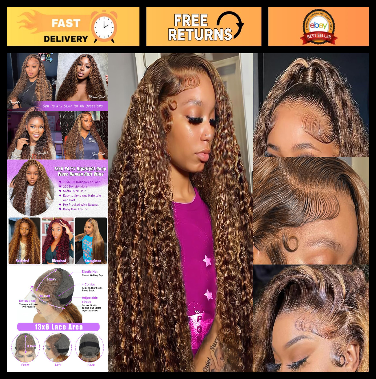 30″ 13×6 Lace Front Wig Human Hair Ombre Highlight Deep Wave 220 Density Curly
