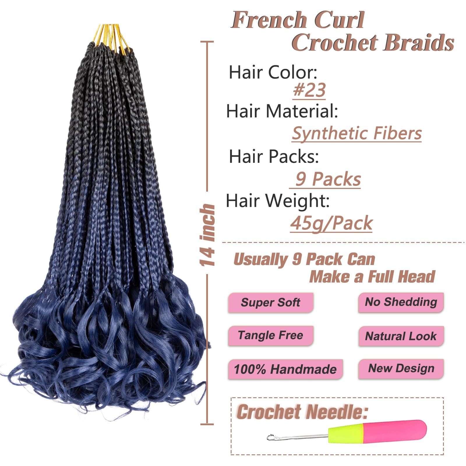 Ruiyok 9 Packs French Curl Crochet Braids 14 Inch Braids Crochet Hair Pre