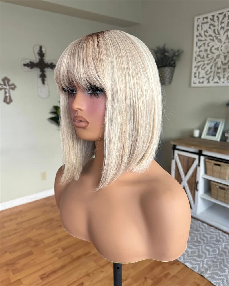 Short Bob Wig Ombre Blonde Wigs with Bangs 100% Human Hair Wigs 2×1 Lace Part