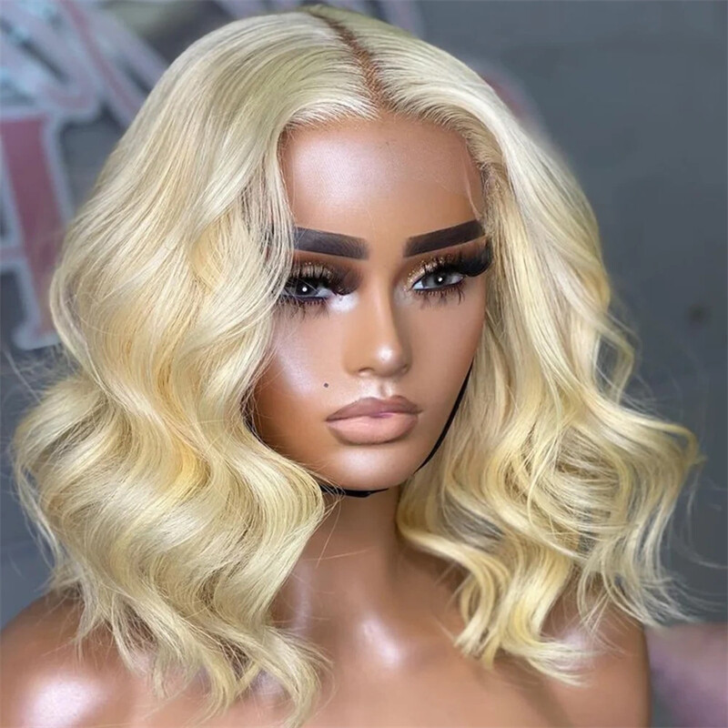 613 Blonde Short Wave Bob Wigs Human Hair 13×4 Lace Frontal Wig 200% Density