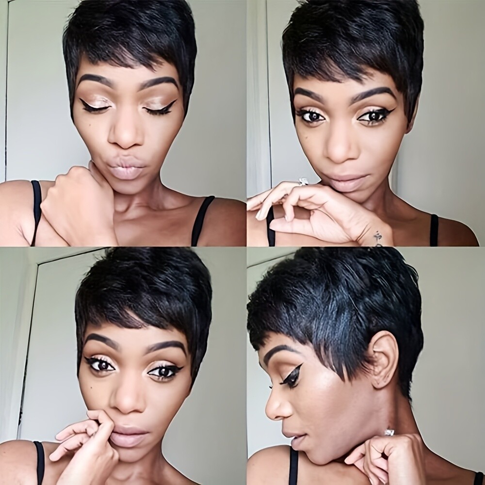 Short Wig Layered Bangs Machine Made Adjustable Combs Black Brown Blonde