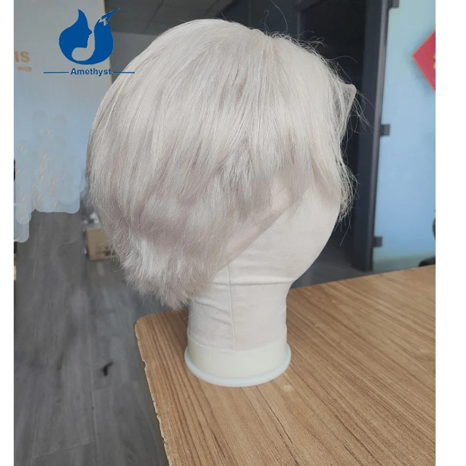 Pre Styled White Platinum Blonde Male Wig Human Hair Short Cut Full Lace Wig #60
