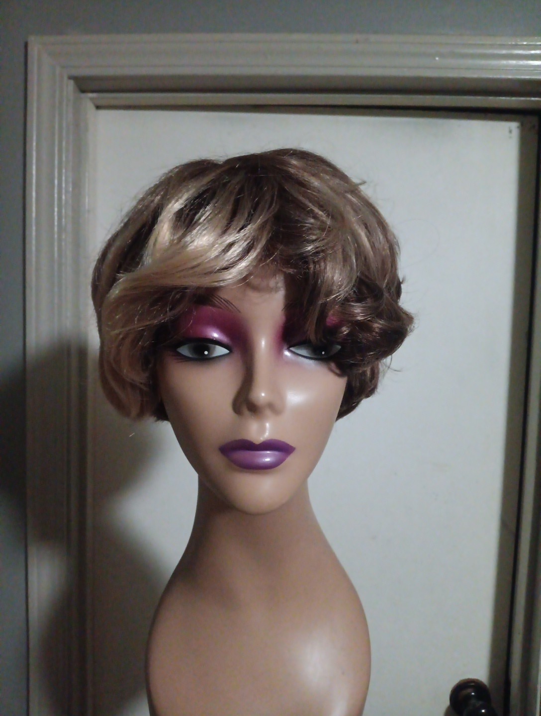 Honey Brown Synthetic Pixi Wig With Highlights