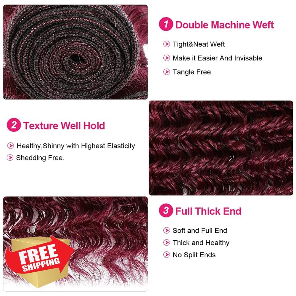 1B99J Burgundy Deep Wave Human Hair Bundles 10-14 Inch Black Red