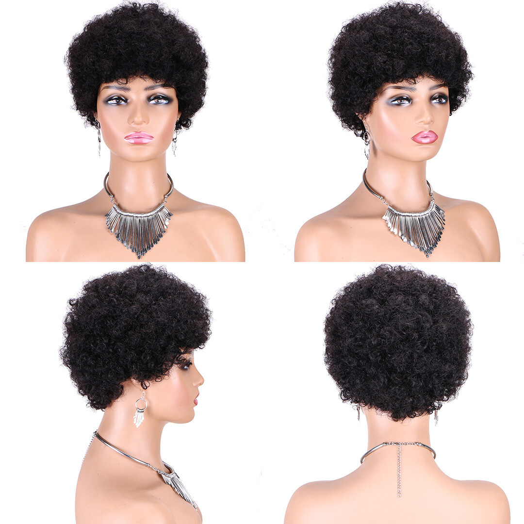 6″ Human Hair Wig Short Afro Kinky Curly Full Machine Made Wig for Black Women