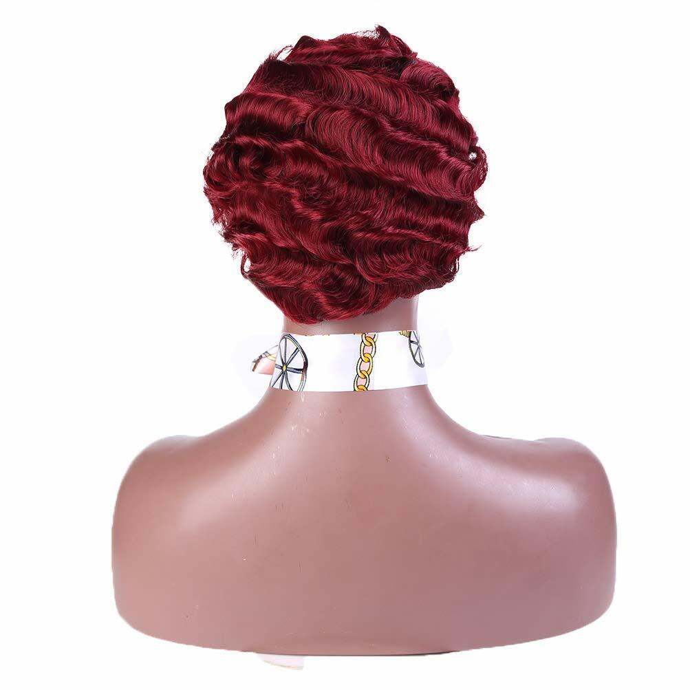 Burgundy Red Finger Wave Remy Human Hair Wigs Short Wave Pixie Wigs None Lace US