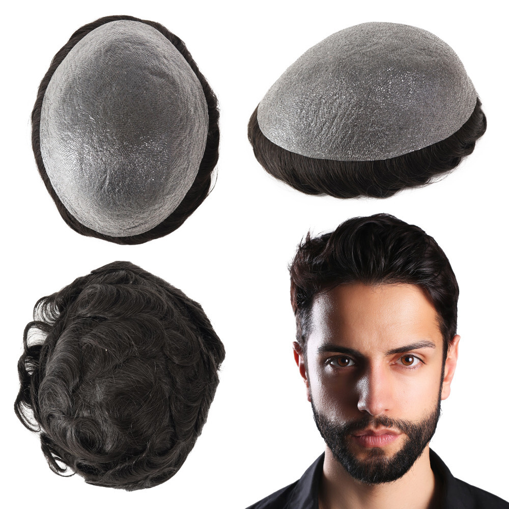 Ultra Thin Skin Super Mens Toupee Human Hair System 0.02mm Hairpieces #1B