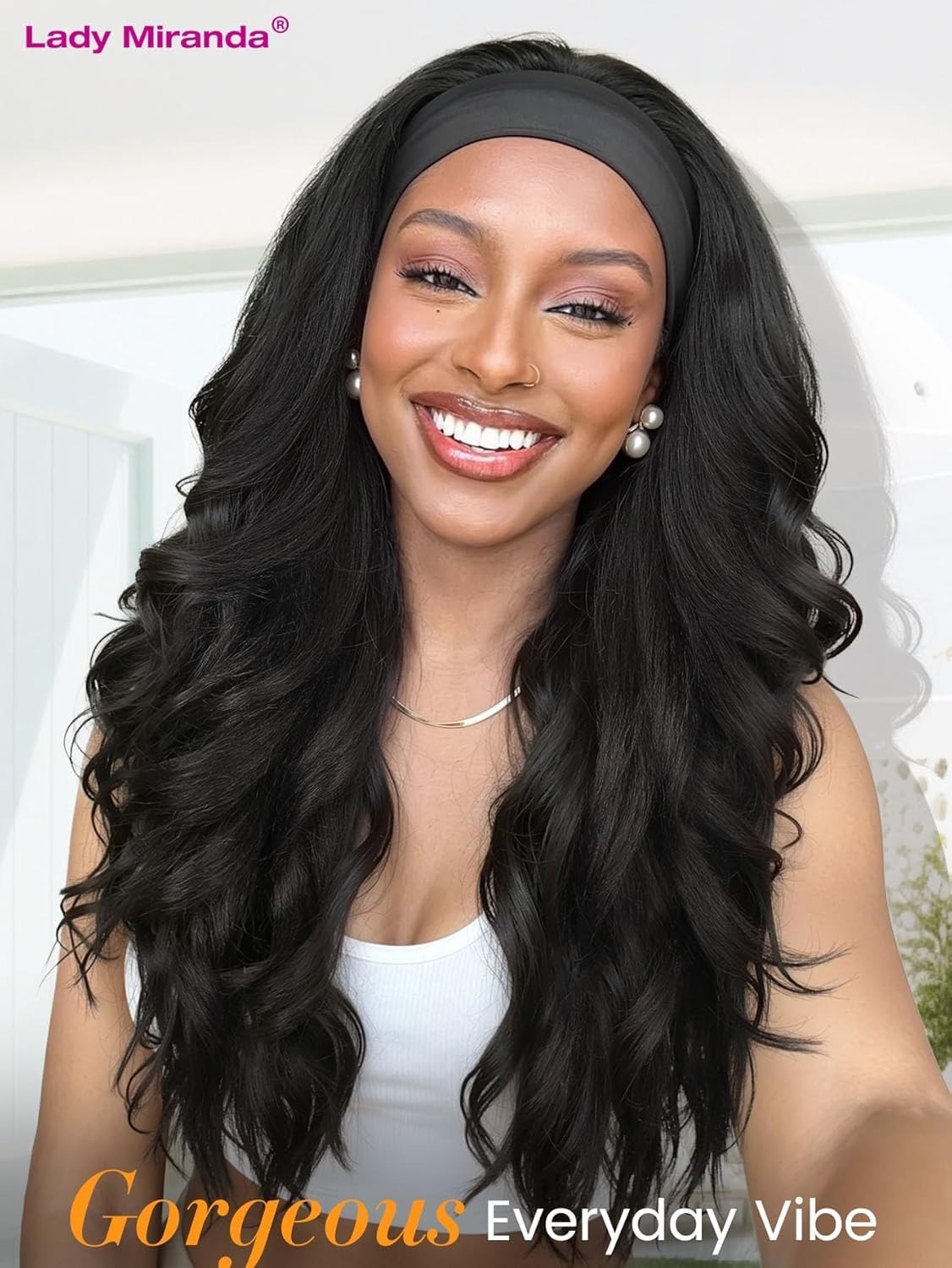 Yaki Wavy Headband Wig for Black Women Layered Filp 26in (Flower Headband) #1B
