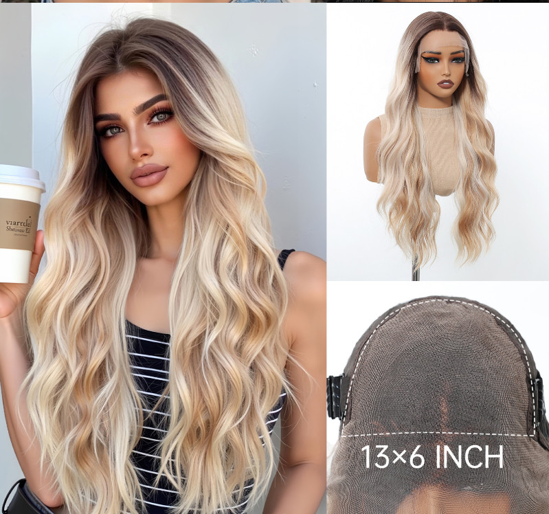 Long Wavy Rooted Blonde Mix Lace Front Heat Resistant Fiber Heat Ok Wigs Women