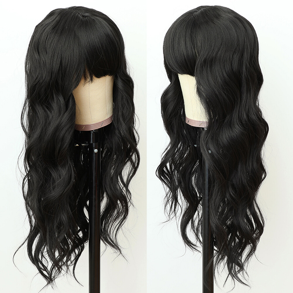 Synthetic No Lace Wigs Full Bangs Loose Wavy Long Black Heat Resistant Natural