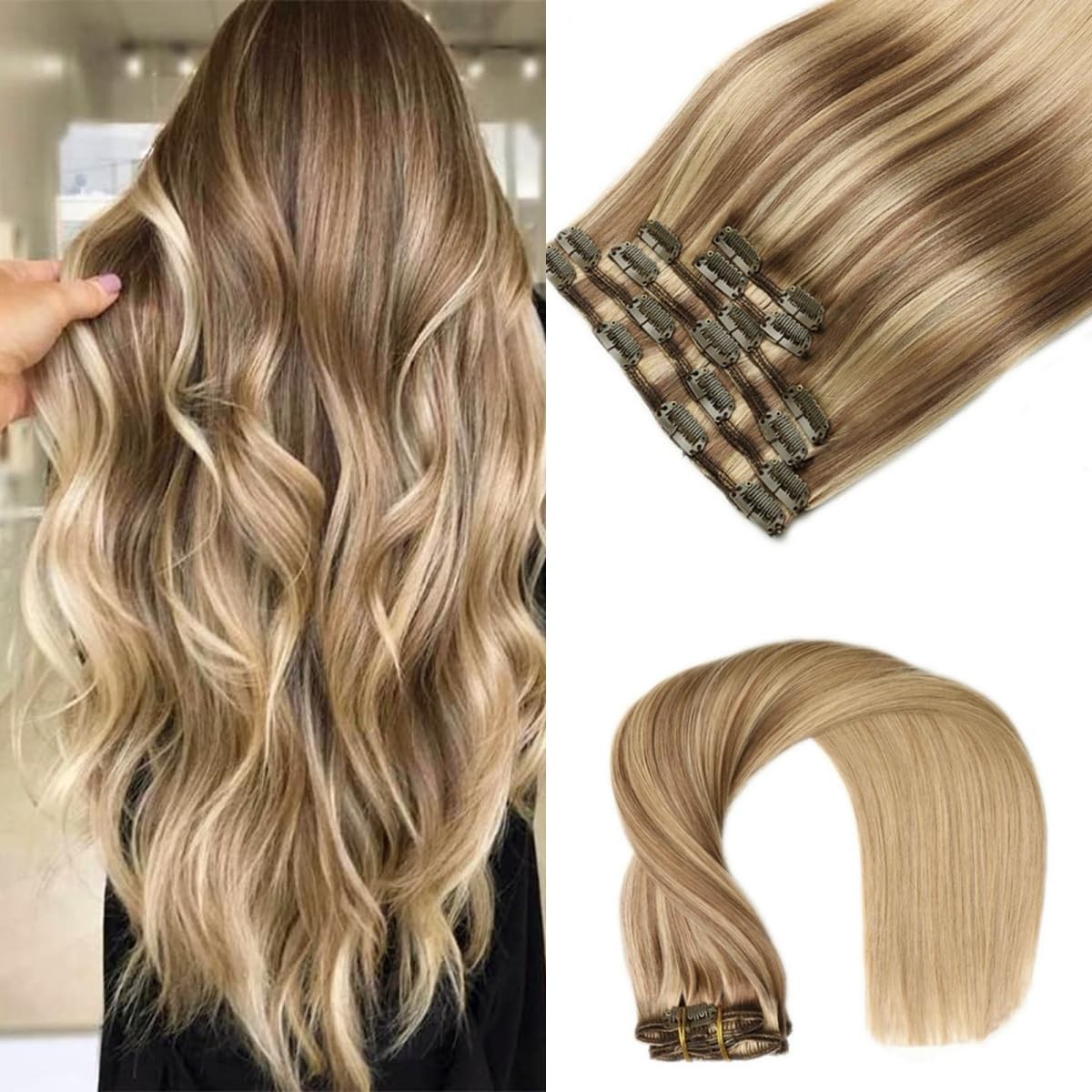 18″ Clip-In Human Hair Extensions 6pcs 120g Balayage Light Brown to Caramel Blon