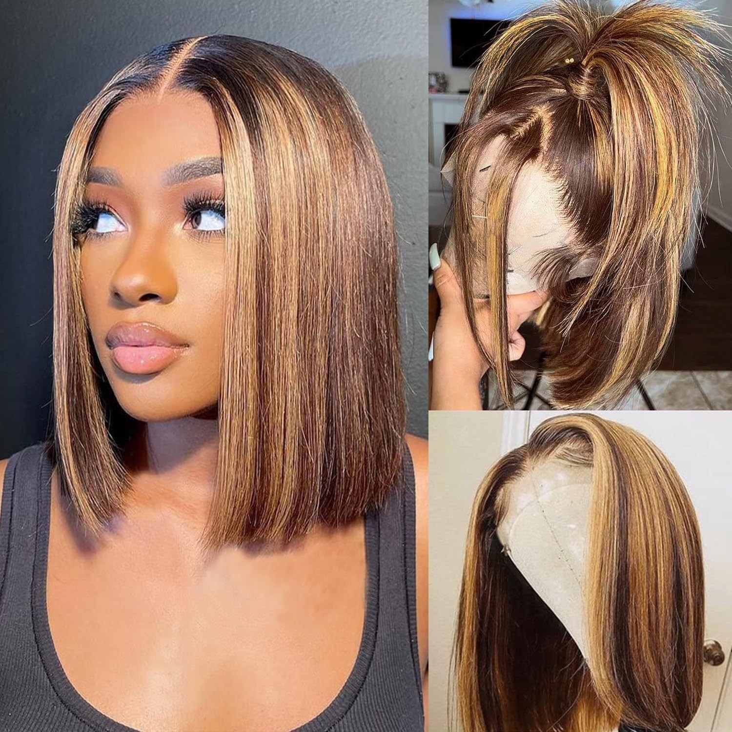 Bob Wigs Human Hair Highlight Ombre 13X4 Lace Front Wigs 4/27 Honey Blonde Gluel