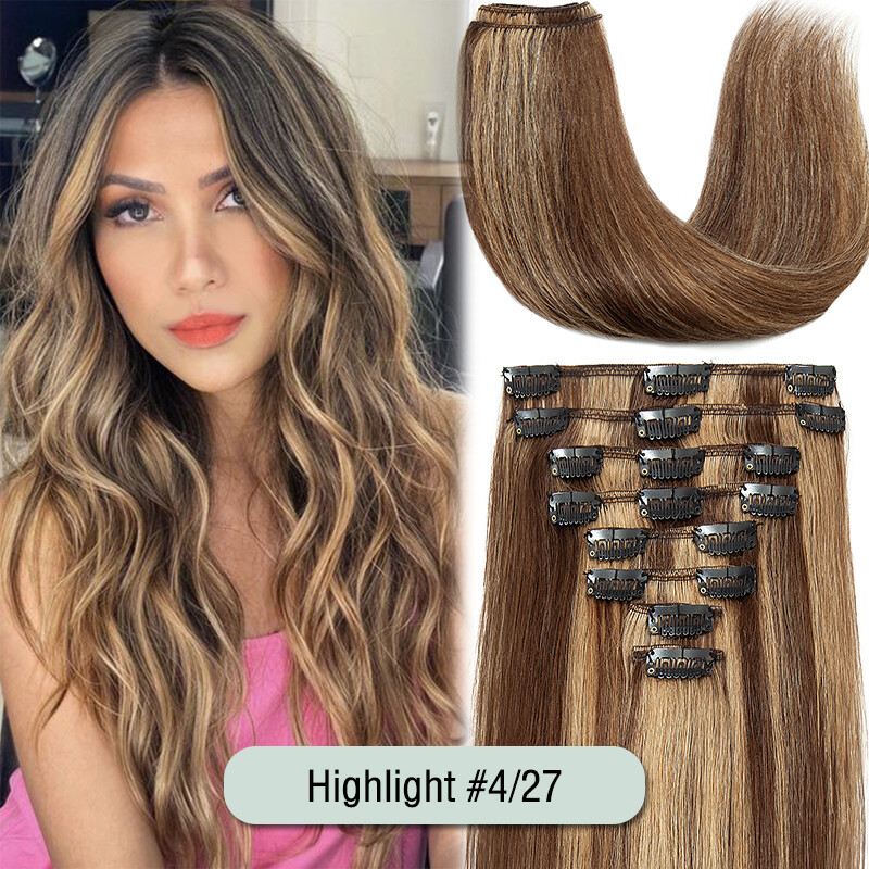 8in-24in Clip In 100% Remy Human Hair Extensions 8PCS Full Head Balayage Ombre