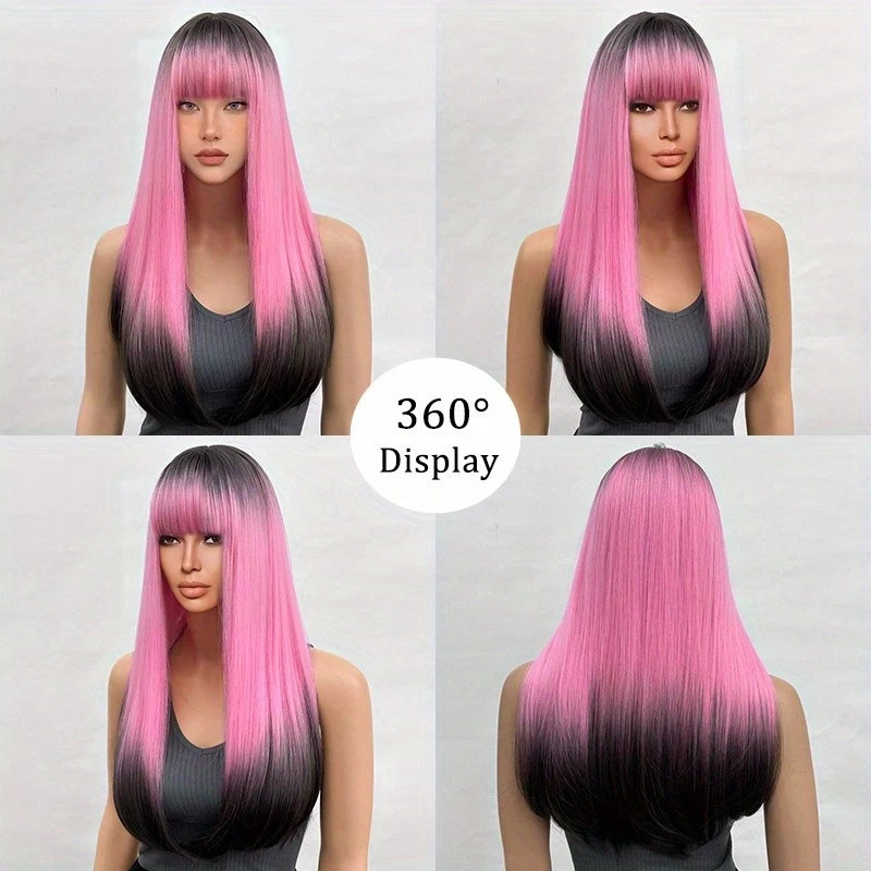 Long Straight Pink Ombre Wig with Bangs Anime Hair Women Cosplay Party Halloween