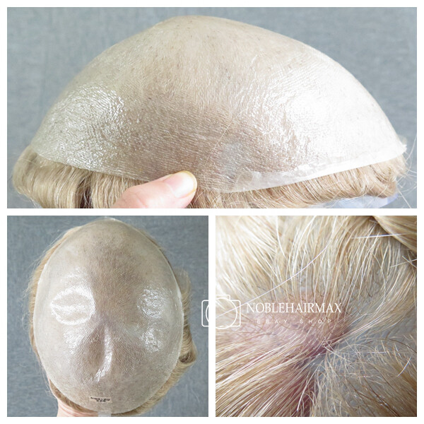 Natural Human Hair Replacement System Ultra Thin Skin Toupee Blonde Hair Wig#22R