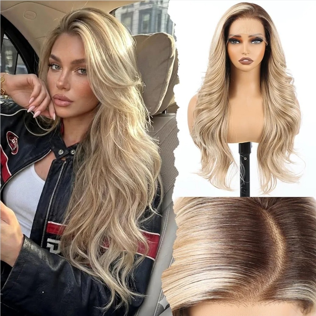 HD Front Lace Wig Human Hair Blend Highlights Long Wavy Blonde