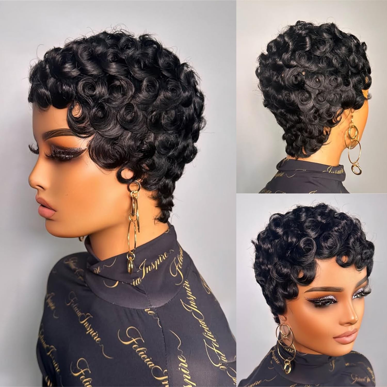 Black Women Human Hair Wigs 1B Color Curly Pixie Cut Finger Wave Style Short