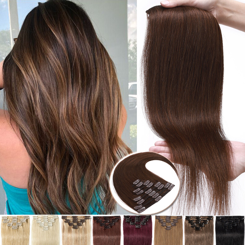 8″-24″ Indian Hair Extensions Clip in Real 100% Human Hair 8PCS Remy Full Head