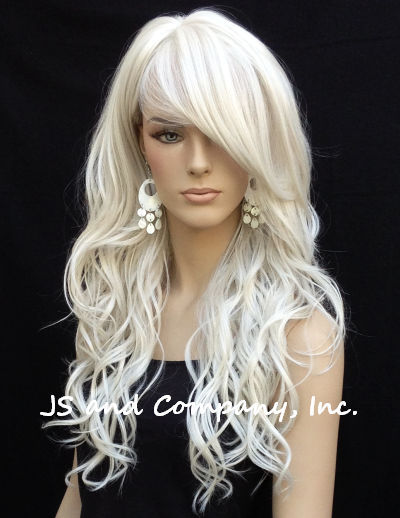 Long Loose wavy HEAT SAFE Human hair Blend WIG bangs White wnta 60