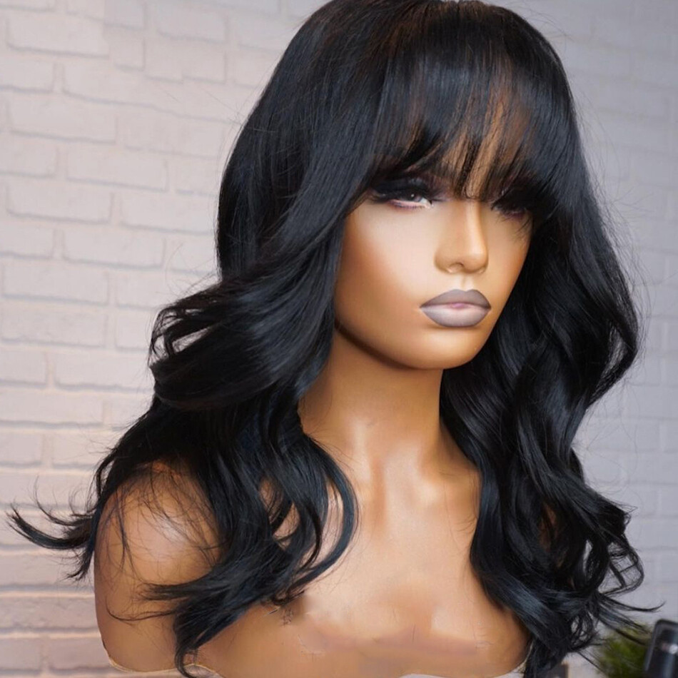 Brazilian Remy Human Hair Body Wavy Full Machine Made Wigs With Bangs None Lace