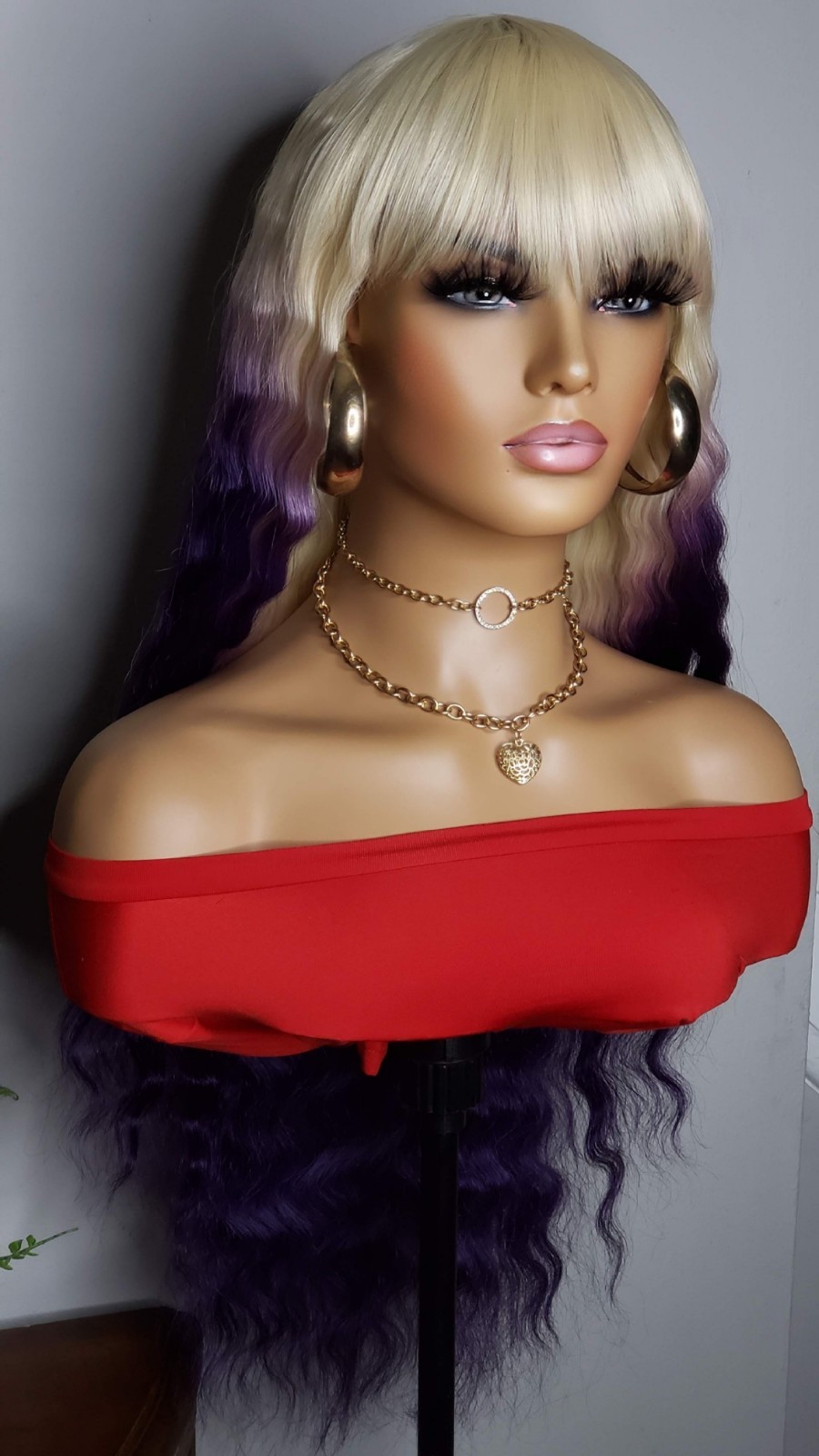 New Long Wavy Crimp Bangs Style Full Cap Wig 613 Blonde Purple Hair Womens Wigs