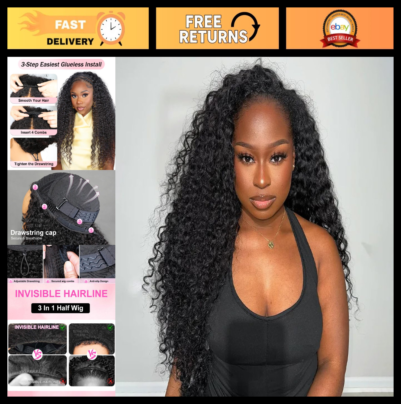 Water Wave Half Wig 18″ Human Hair, Beginner Friendly, Glueless Flip Over, Clip-