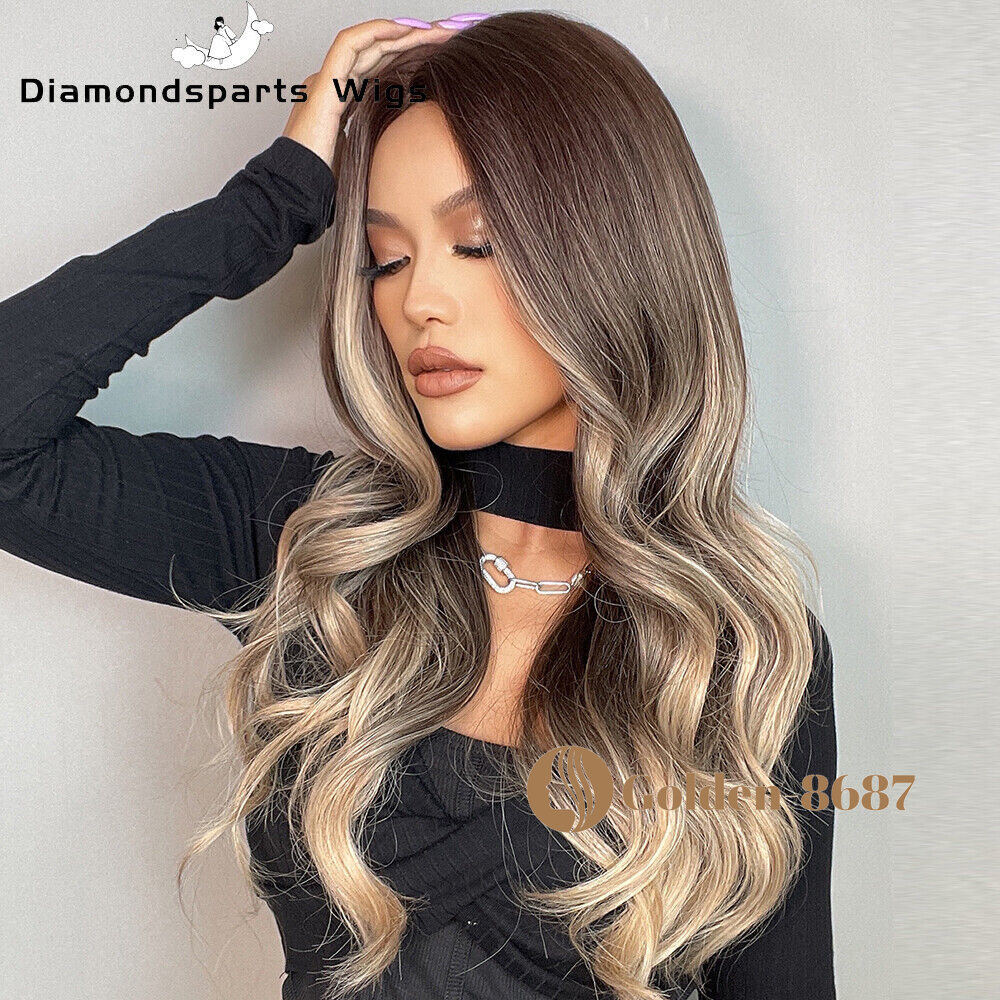 Fanshion Long Wavy Ombre Brown Light Blonde Synthetic Wigs for Women Hair Wig US