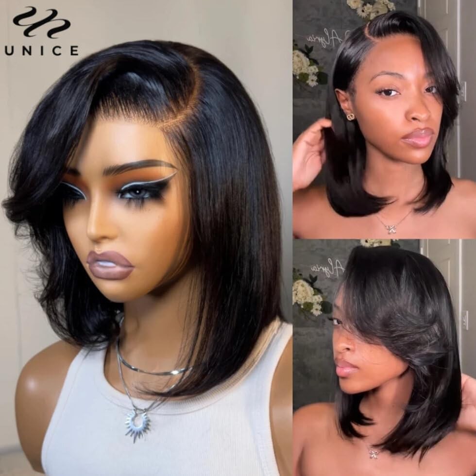 12 inches Short Bob Wig human Hair with Blow Out Bangs 4X4 Lace Glueless Wigs…