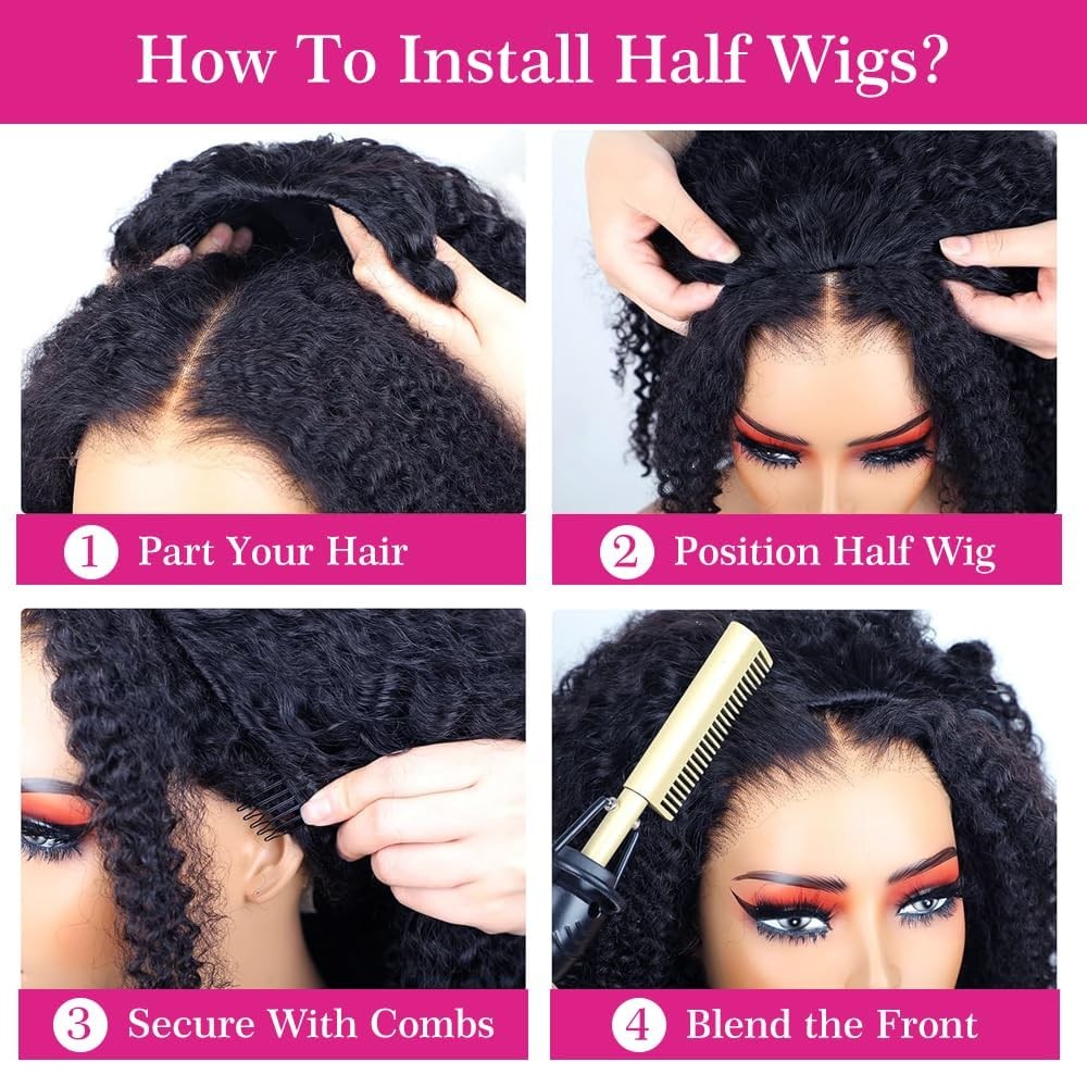 Larhali Kinky Curly Half Wig Human Hair 180 Density Wear And Go Glueless Wigs