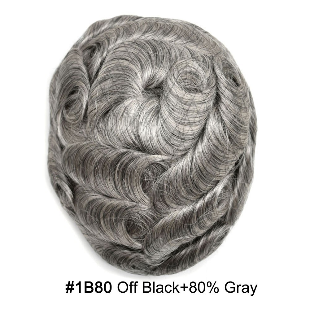Mens Toupee Gray Hair Replacement System Thin Skin Men Wig Human Hairpieces US