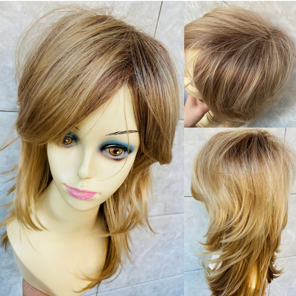 Medium Length Blonde Mix Straight Synthetic Hair Wigs Super Soft Natural Fashion