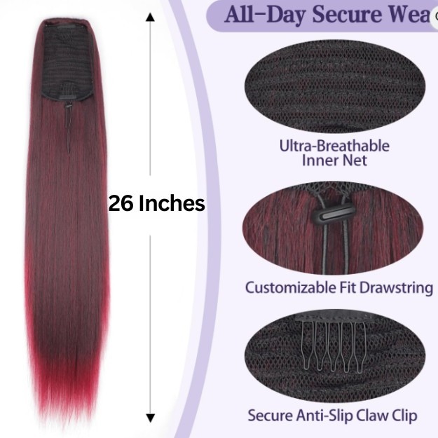 26″ Long Drawstring Ponytail Extension Yaky Synthetic Hairpiece 1B Burgundy