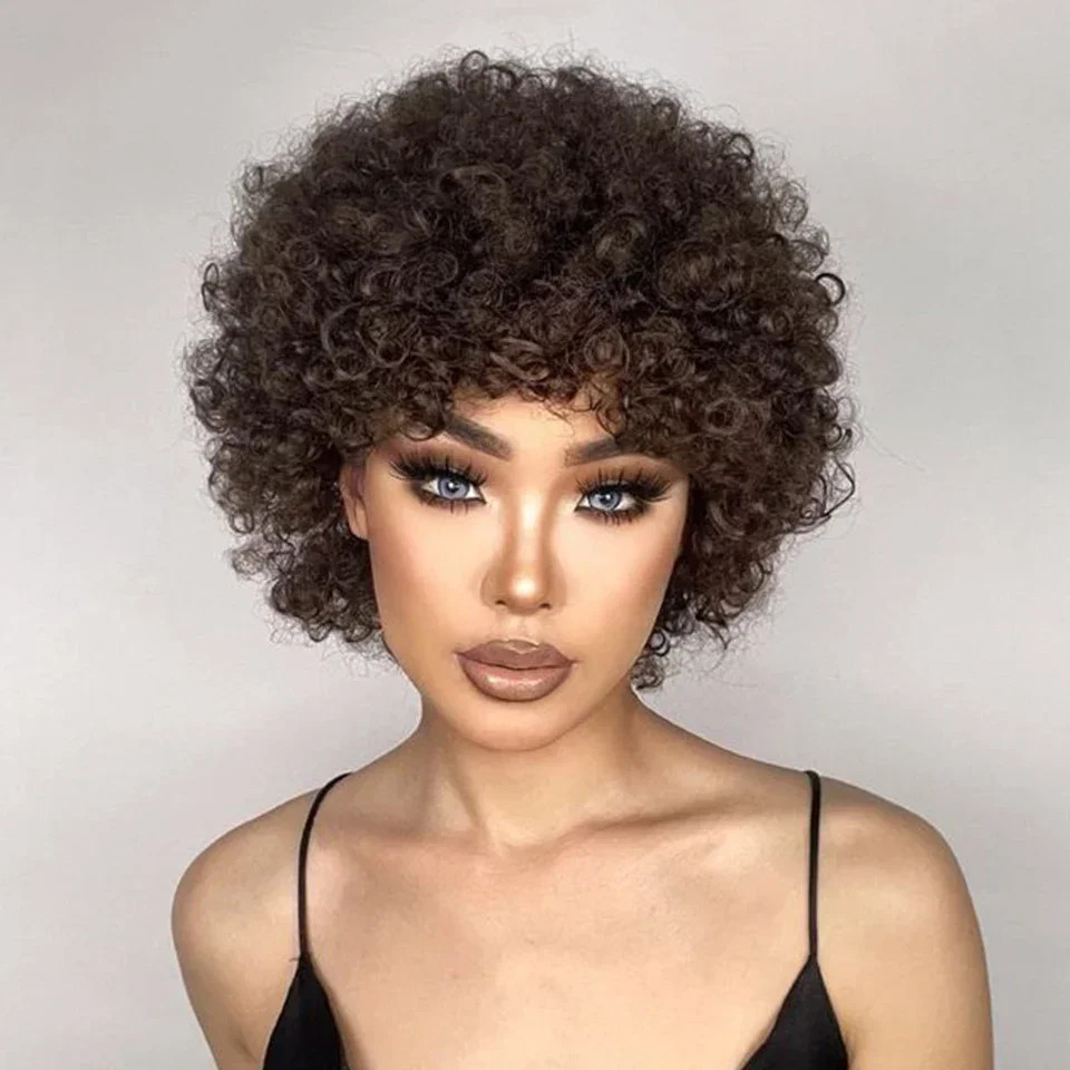 Brazilian Afro Puff Pixie Bob Wig 99J Natural Brown Human Hair For Women