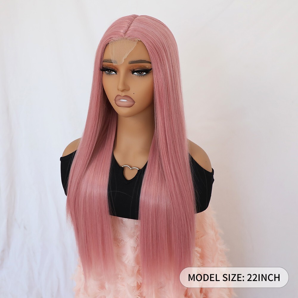 Synthetic Lace Frontal Wigs Long Straight Pink Hair Heat Resistant Women Party