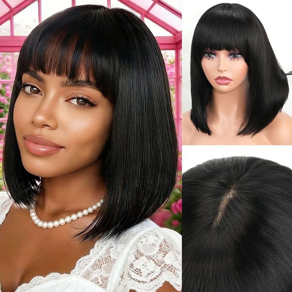 Indian Bob Straight Human Hair Wigs With Bangs 2×1 Lace WigsGlueless for Women